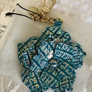 NWT Brahmin Actric Blue Bag Charm Key Fob Leather Flower Clip Croc Glitter